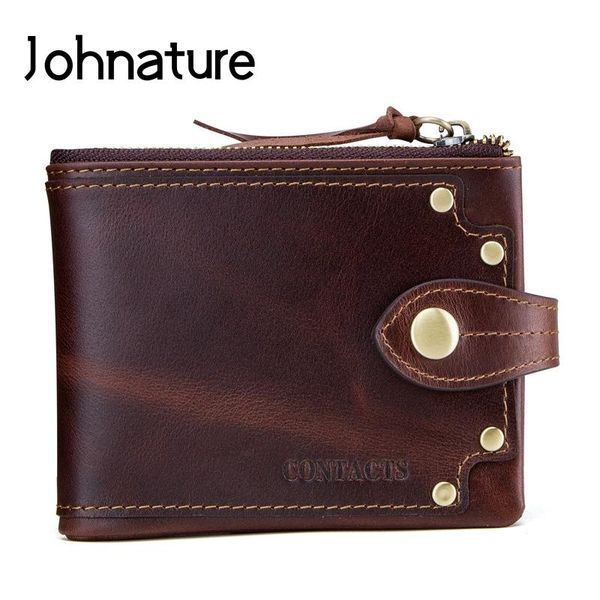

wallets johnature 2021 crazy horse leather vintage solid rivet sewing thread zipper & hasp short standard men tri-fold purse, Red;black