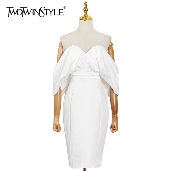 Sexy vestido branco para mulheres slash pescoço sem mangas cintura alta ruched slim midi vestidos feminino verão moda 210520