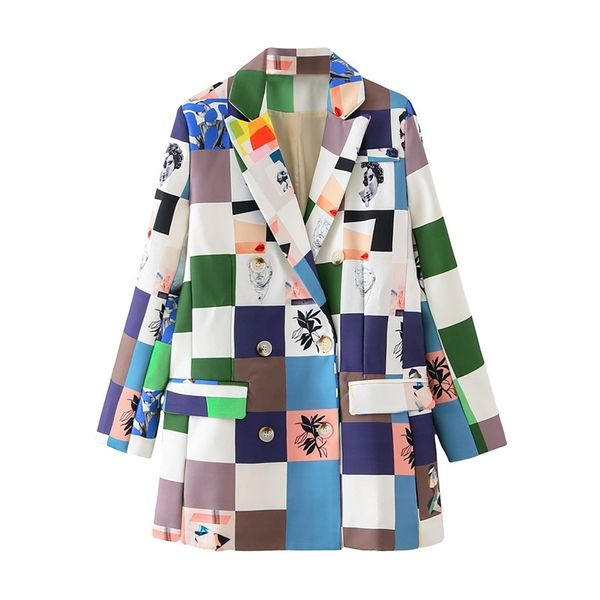 

fashion women button blazer elegant autumn pocket jackets casual female print plaid long suits girls chic sets 210430, White;black