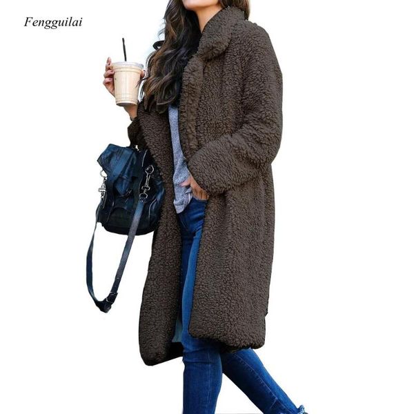 

women's wool & blends 2021 autumn winter faux fur coat women warm teddy bear ladies jacket female outwear plush overcoat long, Black