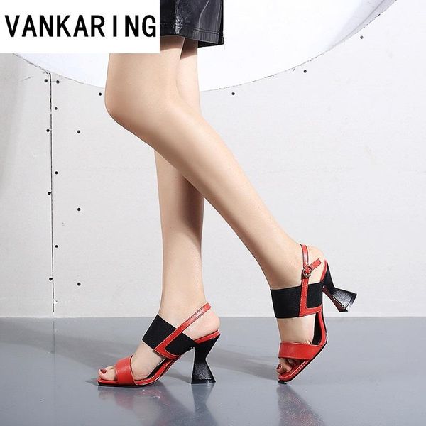 

brand genuine leather summer shoes woman gladiator sandals fashion elastic red high heels open toe women office lady dress, Black