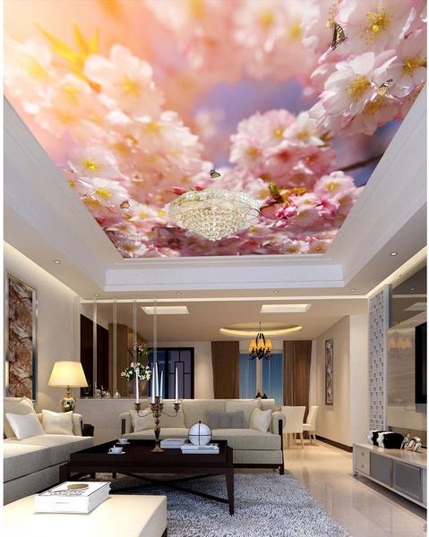 Bella pesca Blossom Butterfly Mural Soffitto Moderna carta da parati per il salotto Soffitti 3D