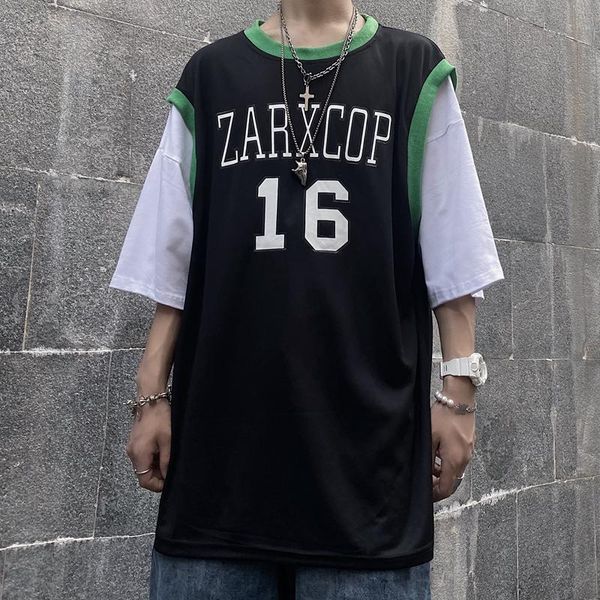 

fake two pieces patchwork youthful vitality hong kong style tshirt funny vintage comfortable clothes cotton 2021 streetwear men's t-shi, White;black