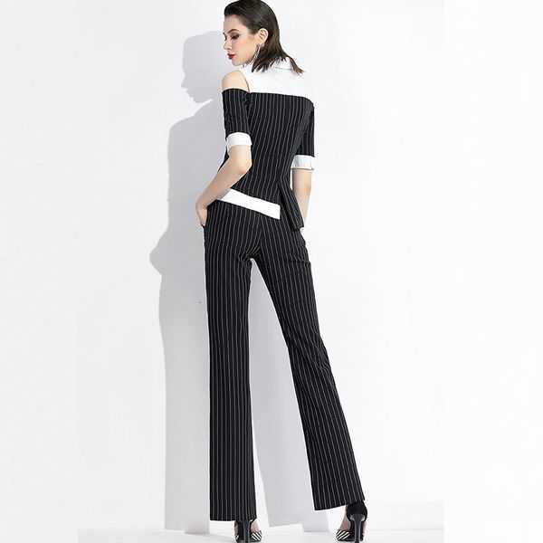 

women's pantsuit summer black notched 2 piece set suits broadcloth ladies office blazer suit trouser 201009, White;black