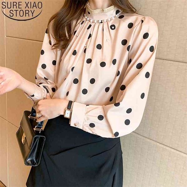 

polka dot print chiffon blosue women shirt spring stand collar pleated fashion clothes beading long sleeve blouse 13095 210506, White