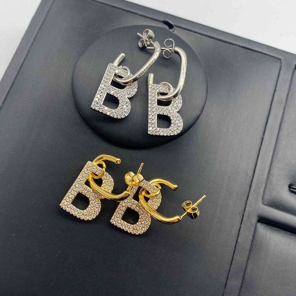 

ba b letter ear hook silver needle allergy inlaid diamond exaggerated personality luxury earrings female, Golden