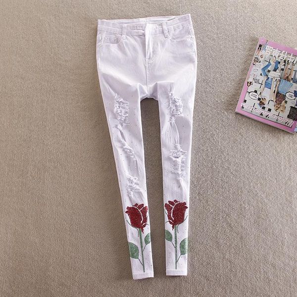 

women's jeans diamonds rose for women black high waist woman ripped stretch female denim skinny pencil pants a550, Blue