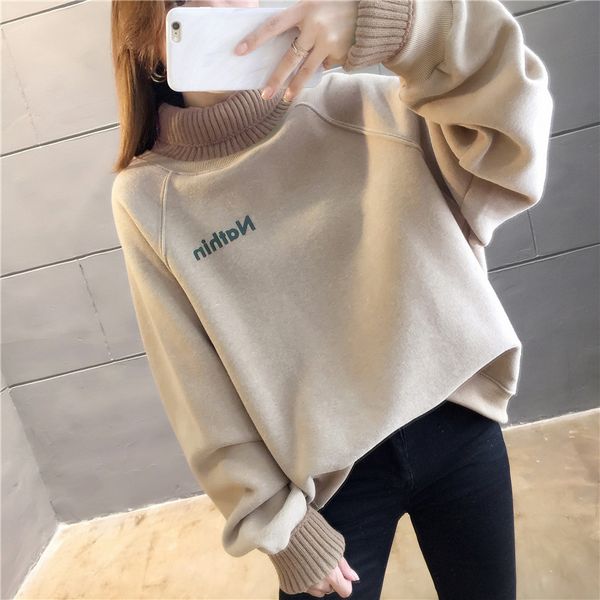 

korean chic high neck plush thick sweater women's fashion ins loose stitched fake two-piece 22, Blue;black