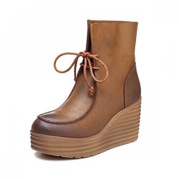 

boots yourseason 2021 ladies genuine leather lace up shoes winter wedges women casual ankle platform increase height, Black