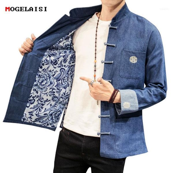 

men's jackets chinese style men jeans blue open stitch retro jacket autumn buttons man clothing embroidery mens size m-5xl1, Black;brown
