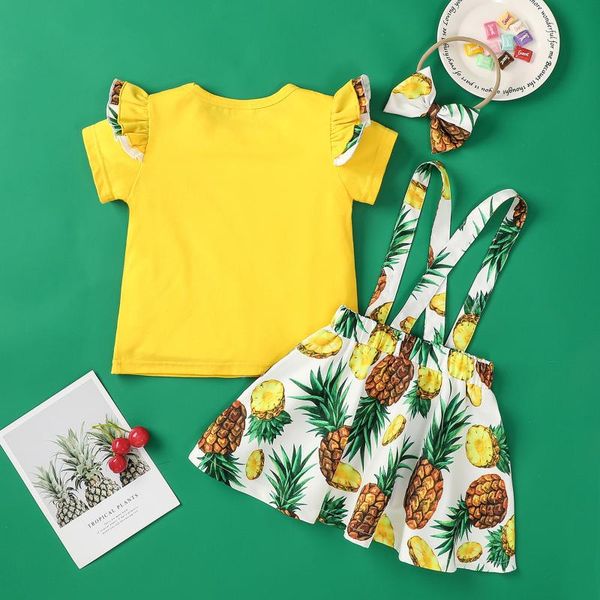 

kids clothing set baby girl pineapple printing ruffle short sleeve t shirt +fruit floral bow suspender skirts clothes sets, White