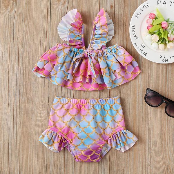 

one-pieces children's summer 2021 girl casual fashion cute sling print short-sleeved scales ruffled swimsuit kids water sportswear yc05, Black