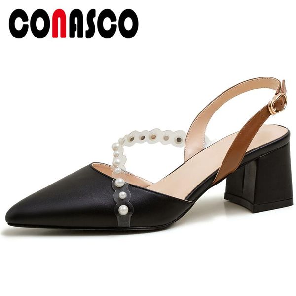 

sandals conasco summer elegant wedding casual women cow leather pearl mixed colors pointed toe back strap shallow shoes woman, Black