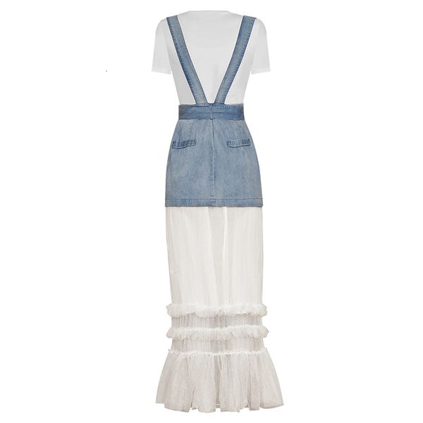 

two piece dress runway fashion clothing set short sleeved white tshirt slim tight tee + ruffle tulle patchwork denim skirt jeans overalls1 0