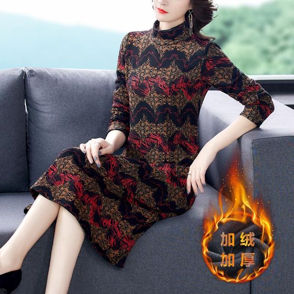

autumn winter warm knitting dress plush padded 4xl plus size vintage casual print midi one piece elegant women party dresses, Black;gray