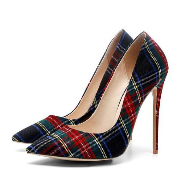 

women's pumps high heels sandals elegant thin canvas pointed toe plaid shoes woman femmes chaussures single shoe sandal dress, Black