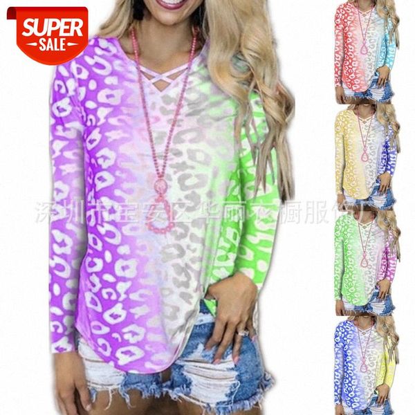 

[in stock]european and american plus size women's leopard print gradient v-neck long-sleeved loose t-shirt #jj6f, White