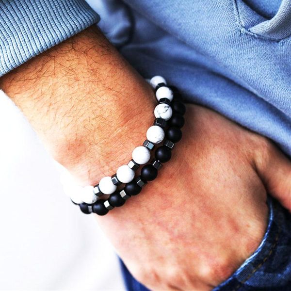 

beaded, strands black white 8mm natural stone beads bracelet 2pcs/set men women couple bracelets jewellery for pulsera hombre armband 2021