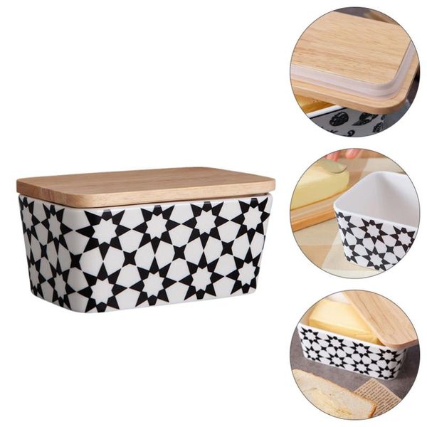 

dishes & plates 1pc patterned ceramic butter plate keeper dish with wood lid
