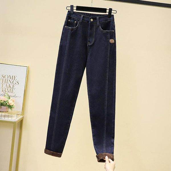 Jeans femininos plus size veludo thinck harem calças senhoras inverno quente elástico de volta cintura tornozelo comprimento denim pantalones de mujer