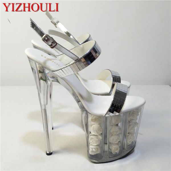 

inch white flowers fashionable wedding heels silver glitter strappy sandals stripe platform shoes 20cm, Black