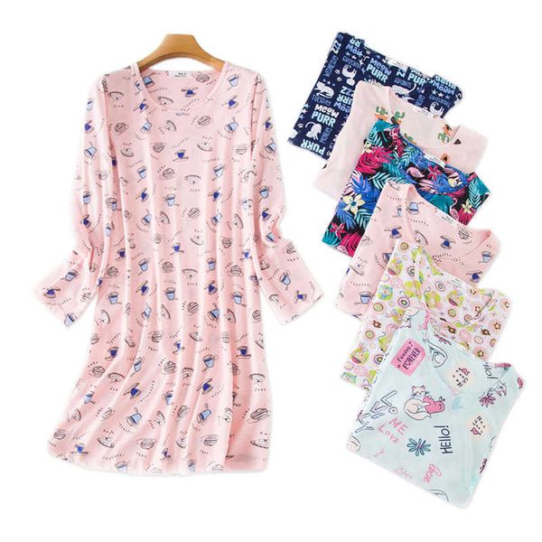 Venda Dos Desenhos Animados Nightgowns Mulheres Dormir Vestido Aconchegante Algodão Casual De Mangas De Mangas De Manga Dormida Plus Size 210924