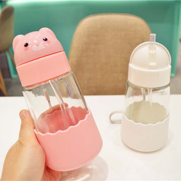 

baby kids glass straw cup drink water cup bottle with strap 320ml cute water juice training bottle for kids cup