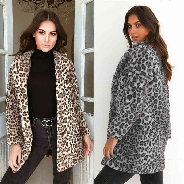 Cappotto da donna caldo in pelliccia sintetica stampata leopardata Colletto rovesciato casual Cappotto femminile Cappotto alto streetwear Capispalla taglie forti W604 210526