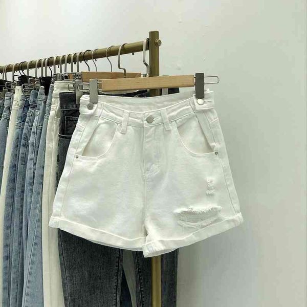 

korean style white jean shorts women high waisted denim jeans summer quality 's hole for 210603, White;black