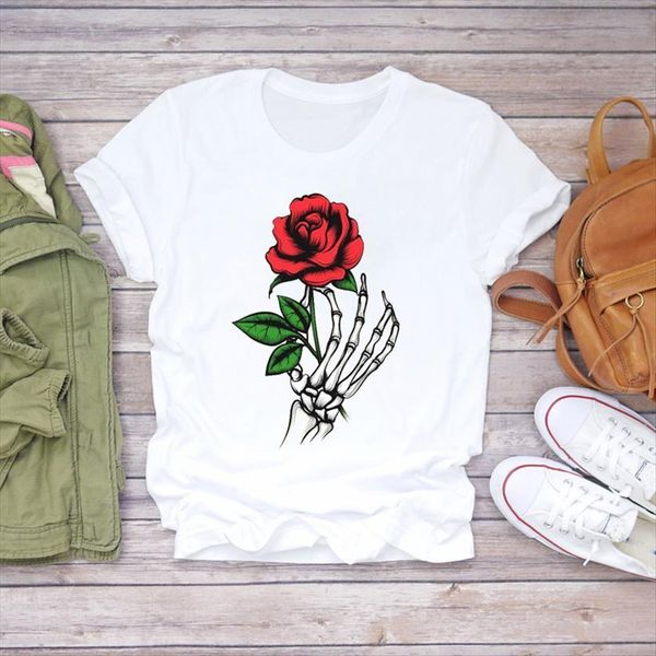 

skull flower valentine fashion women t shirt halloween fall autumn print womens graphic female tee, White