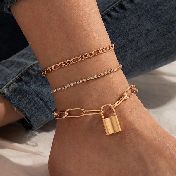 

anklets 3pcs/set bohemia layered lock anklet for women alloy rhinestone foot chain ladies boho beach jewelry accessories 15508, Red;blue