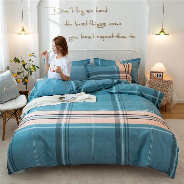 

bedding sets luxurious textile double-sided lake blue lattice pattern bed sheet pillow case set quilt cover duvet oceania