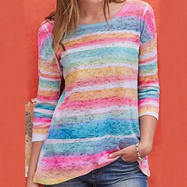 

women's t-shirt 2021 rainbow printing for woman ladies classic casual stripe pullover o neck long sleeve roupas femininas, White