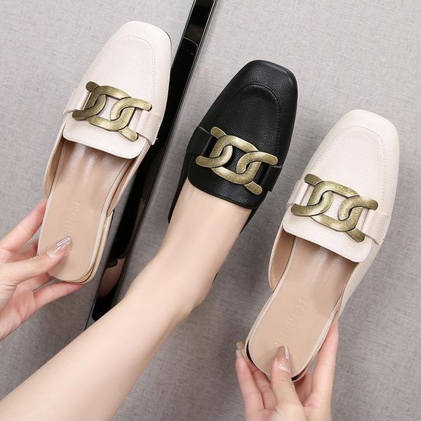 

slippers zar woman 2021 shoes luxury spring summer round head flat low-heeled sandals women chaussure femme plus size, Black