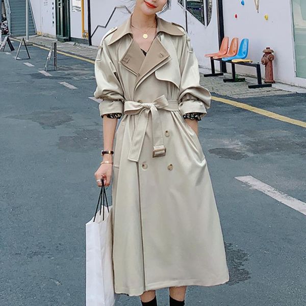 

women's trench coats [ewq] korea chic autumn casual trend women lapel hit color double-breasted loose fashion lace-up windbreaker 2021, Tan;black