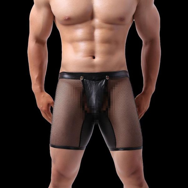 

underpants spring and summer men's mesh boxer pants imitation leather underwear open-end shorts low waist hollowed out five point pant, Black;white