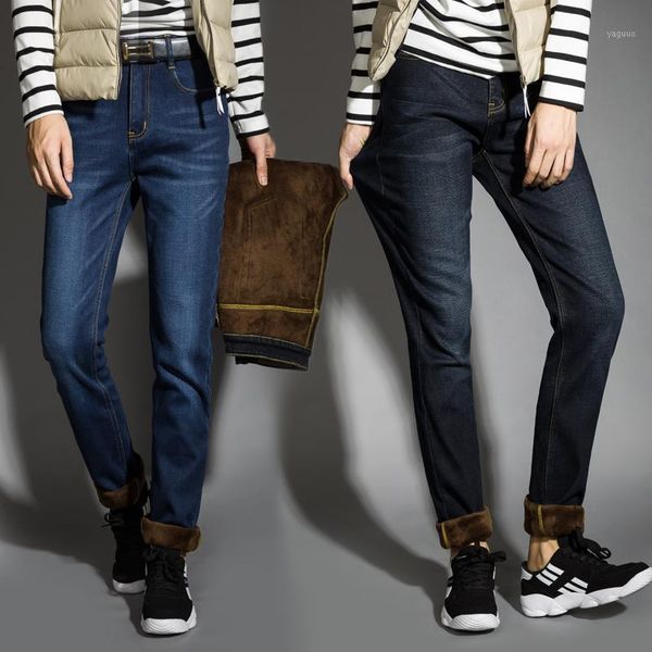 

men's jeans 2021 winter fleece thick warm fit straight stretch classic style youth fashion black blue