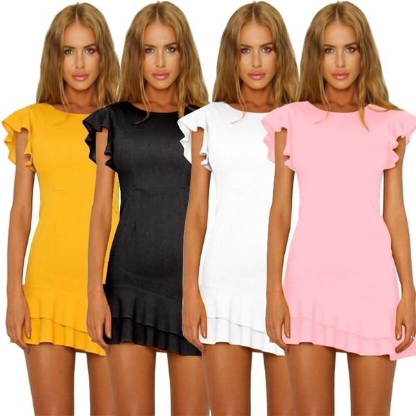 

summer yellow casual mini dress with ruffle sleeves, Black;red
