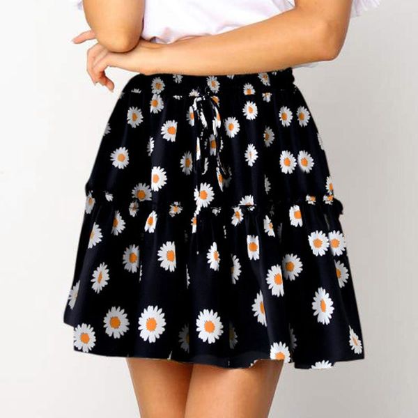 

skirts women summer floral print pleated mini skirt elegant high waist short beach holidays casual boho bandage #t2g, Black