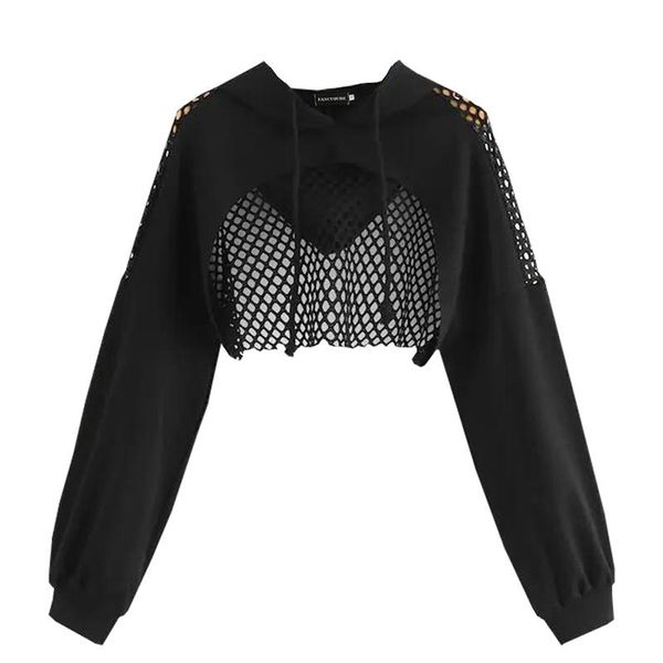 

women's hoodies & sweatshirts black for women hollow out crop mesh patchwork short sweatshirt long sleeve autumn and pullovers