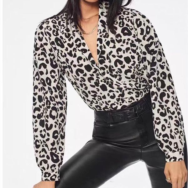 

women's blouses & shirts womenleopard print 100% silk blouse lady long sleeve office wear shirt and female clothes, White