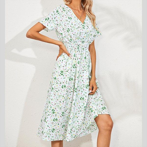

v neck casual fresh foral women dress summer party short sleeve prom beach elegant dresses for, Black;gray