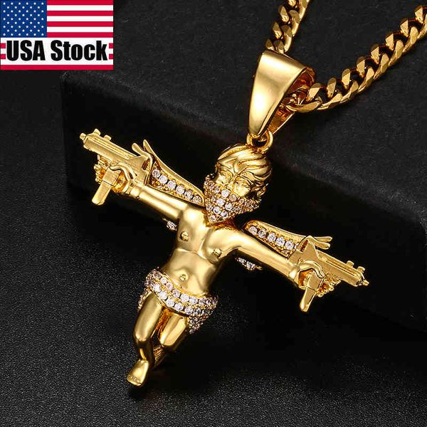 

new uzi kolye gun shape double gun cross pendant iced out micro pave cz stone pendant necklace faith jewelry for men hip hop x0509, Black
