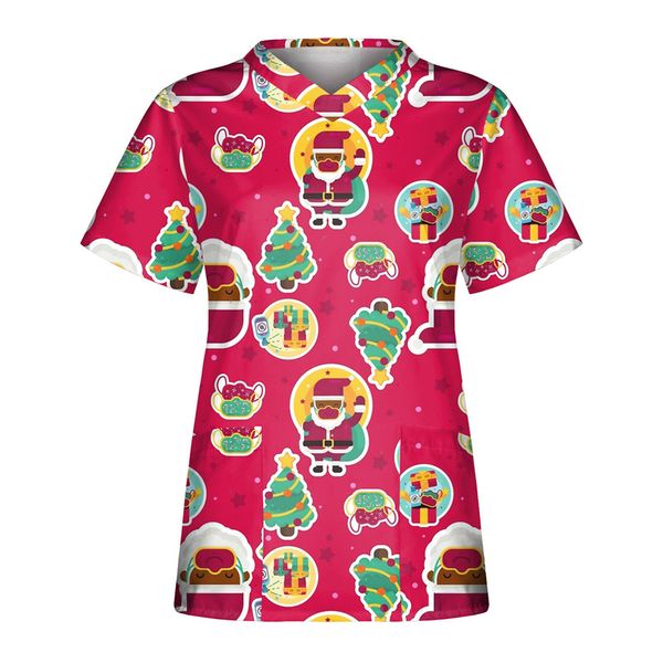 

2021v neck pullover christmas digital print short sleeve ladies top, White