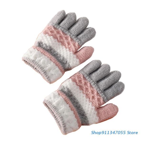 

children's mittens 1 pair kids winter gloves knitted stripe children coldproof warm full finger boys girls, White