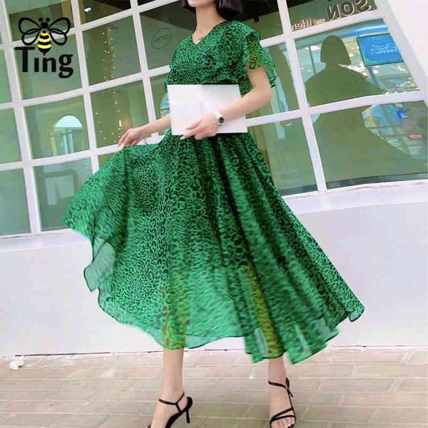 

fashion runway summer elegant ruffles irregular dress women v neck belt green leopard print boho long vestidos 210513, Black;gray