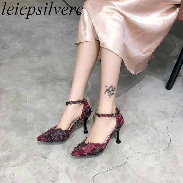 

women's sandals high heel denim pointed toe thin heels buckle 2021 fashion sweet party summer red black big size 34-43