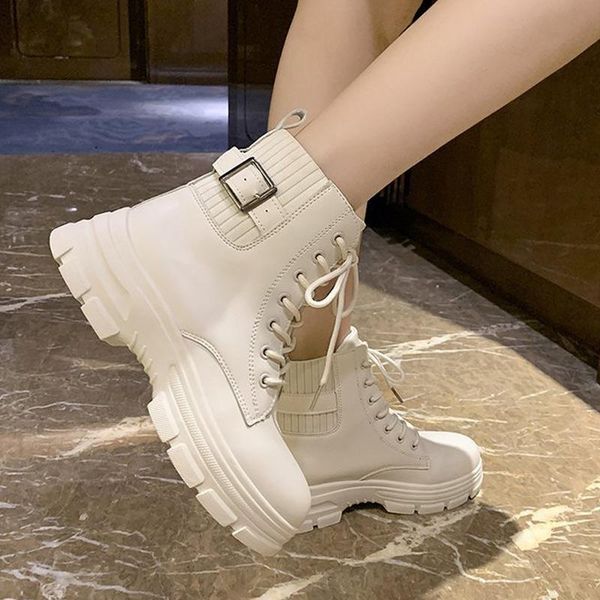 

boots mcckle women's pu leather knitted elastic splicing ladies ankle lace up 2021 fashion autumn women shoes female boot, Black