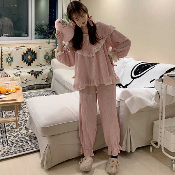 

women's sleepwear cute women pijamas set cotton soft girls kawaii lace stitching sleeve ruffle pajamas pants sets pyjamas femm, Black;red