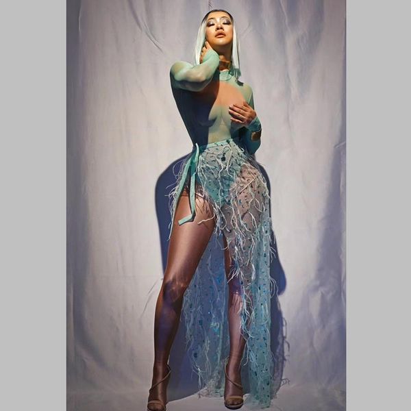 

casual dresses female halter elastic perspective sequins long sleeves stretch stage costumes fashion women nighclub performance, Black;gray